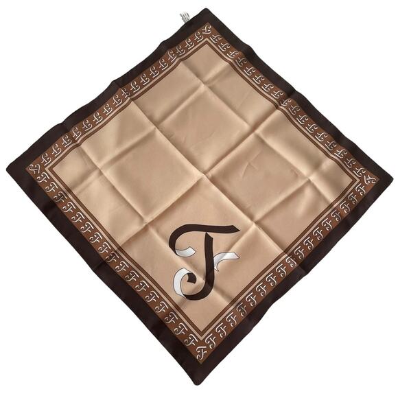 F Script Monogram Scarf Brown Caramel Neutrals Square Made in Italy Vintage EUC - Picture 5 of 7